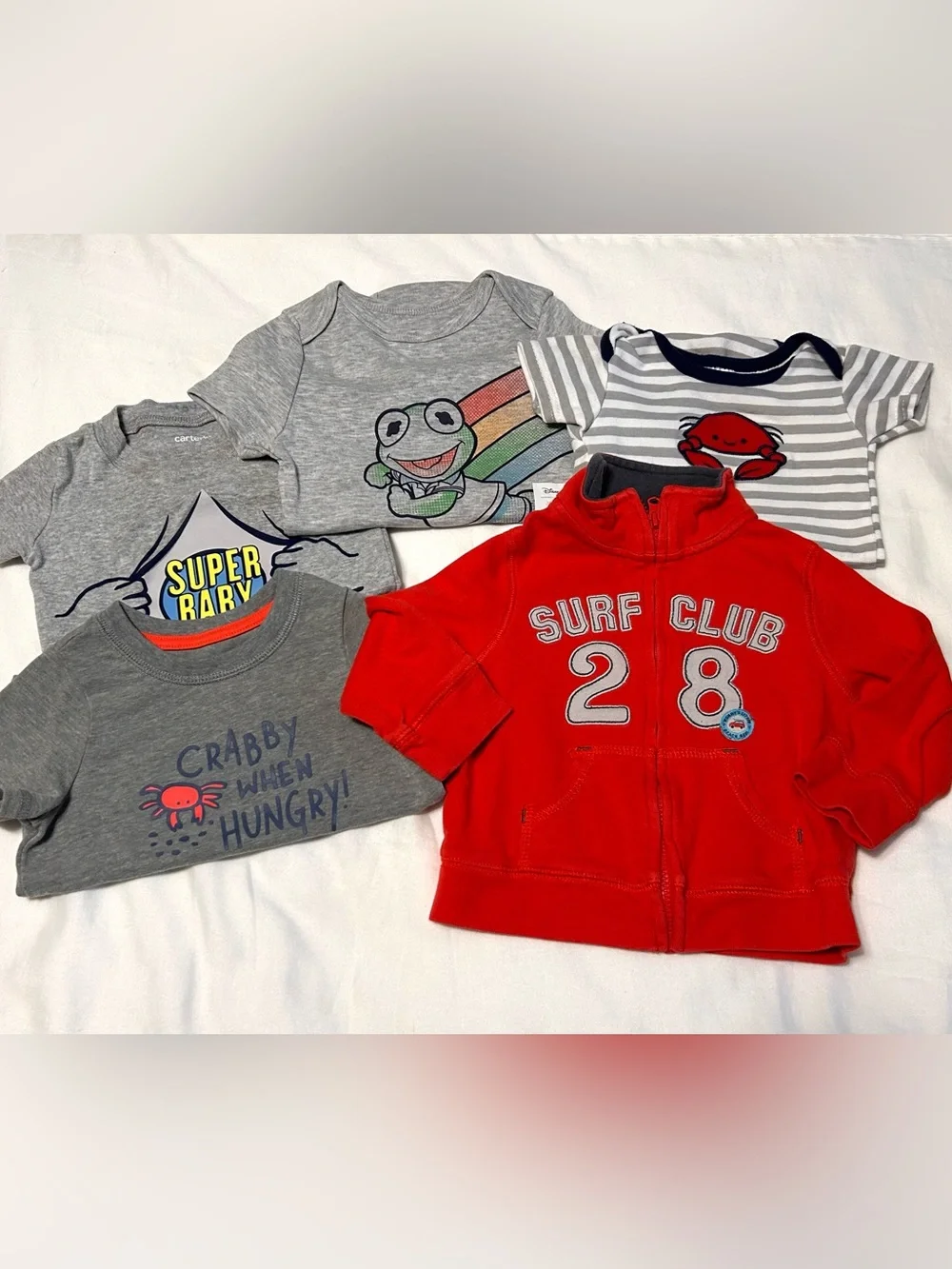 6-9 Month 5 Pieces! New and Like New - Bodysuits, t-shirt, zip up red sweatshirt